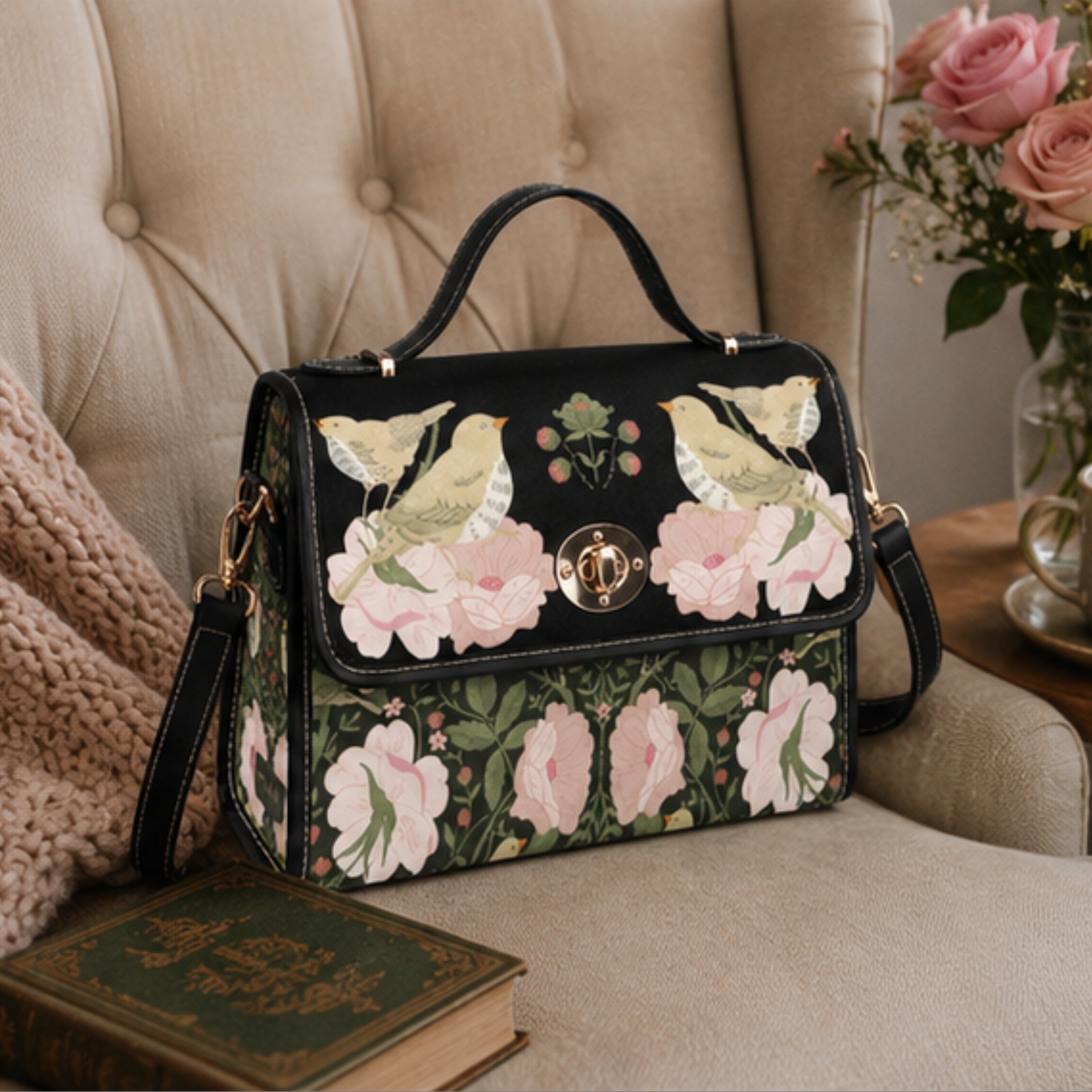 Floral embroidered handbag on a couch with a cup and flowers in the background