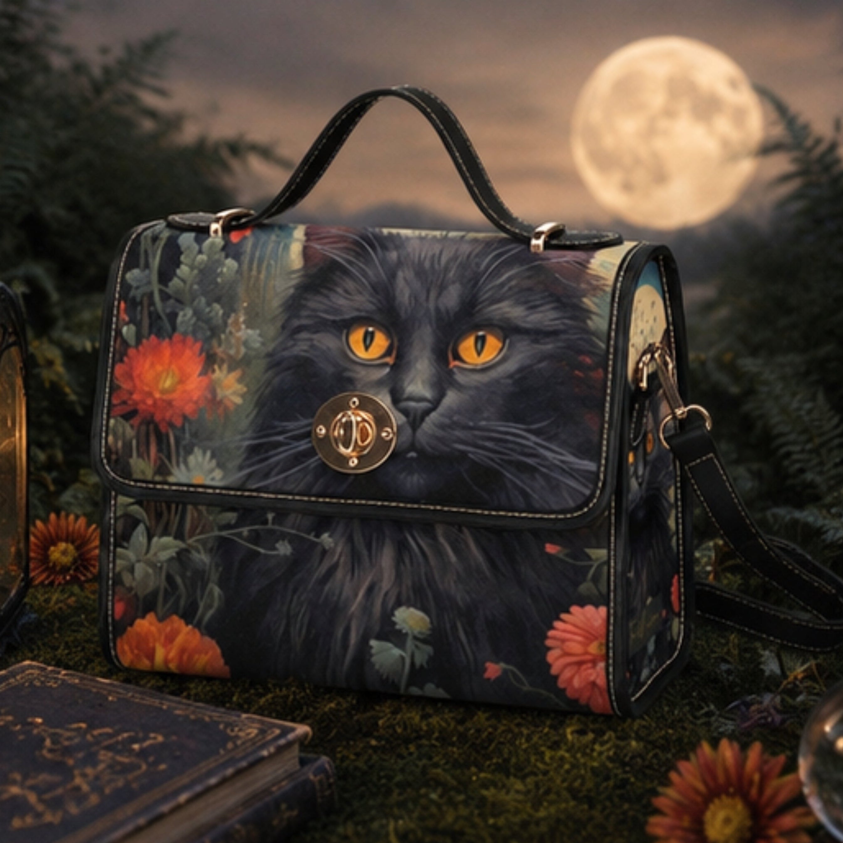 A black cat portrait handbag with orange eyes and floral print details, styled outdoors on moss with a lantern, candle, old book, and full moon in the background.