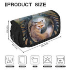 Pencil case with fox design and size measurement chart