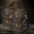Patterned handbag with celestial design on a wooden surface, branded 'Fae & Magpie'.