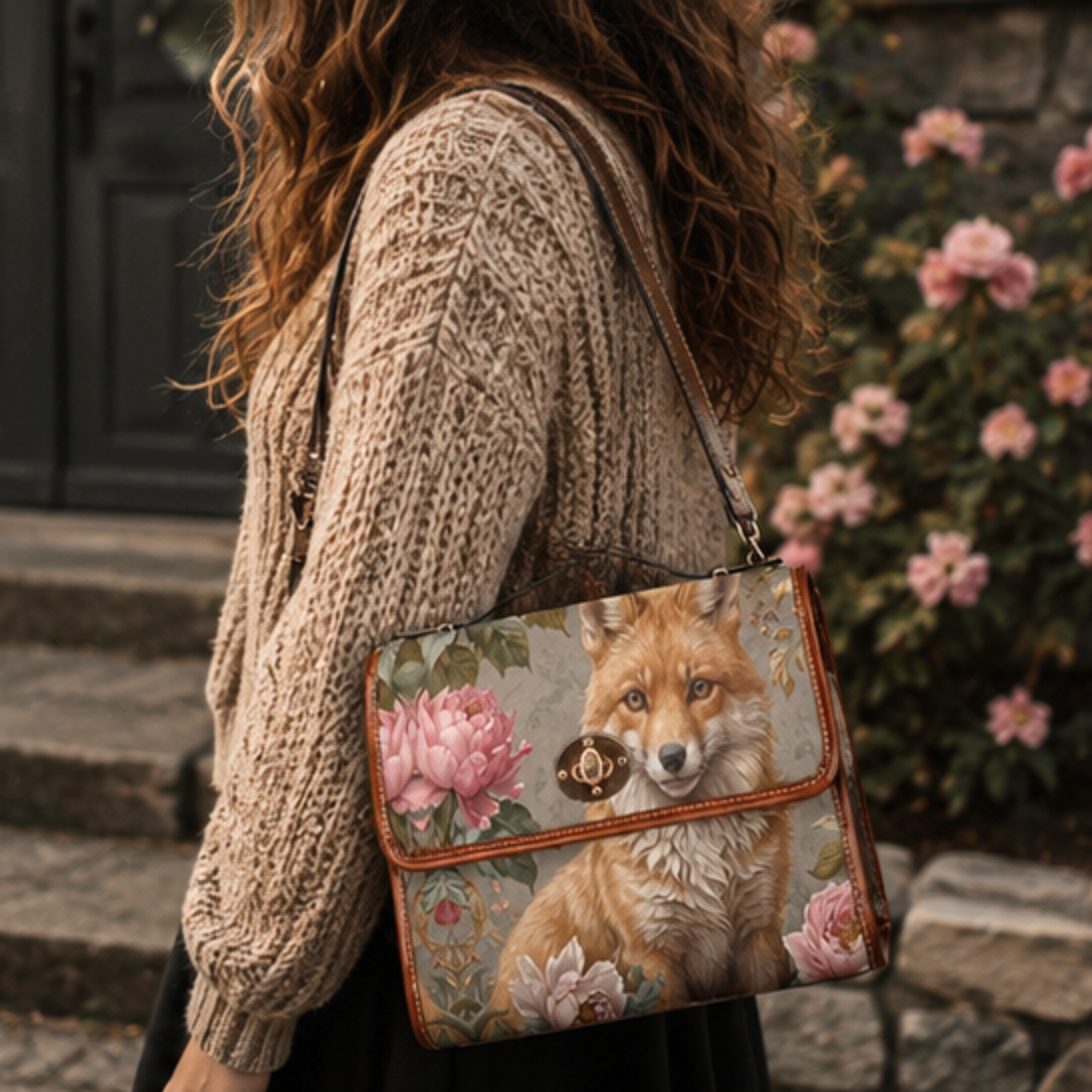 Woman holding a handbag with a fox design outdoors