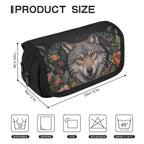 Pencil case with wolf design and measurements on a white background