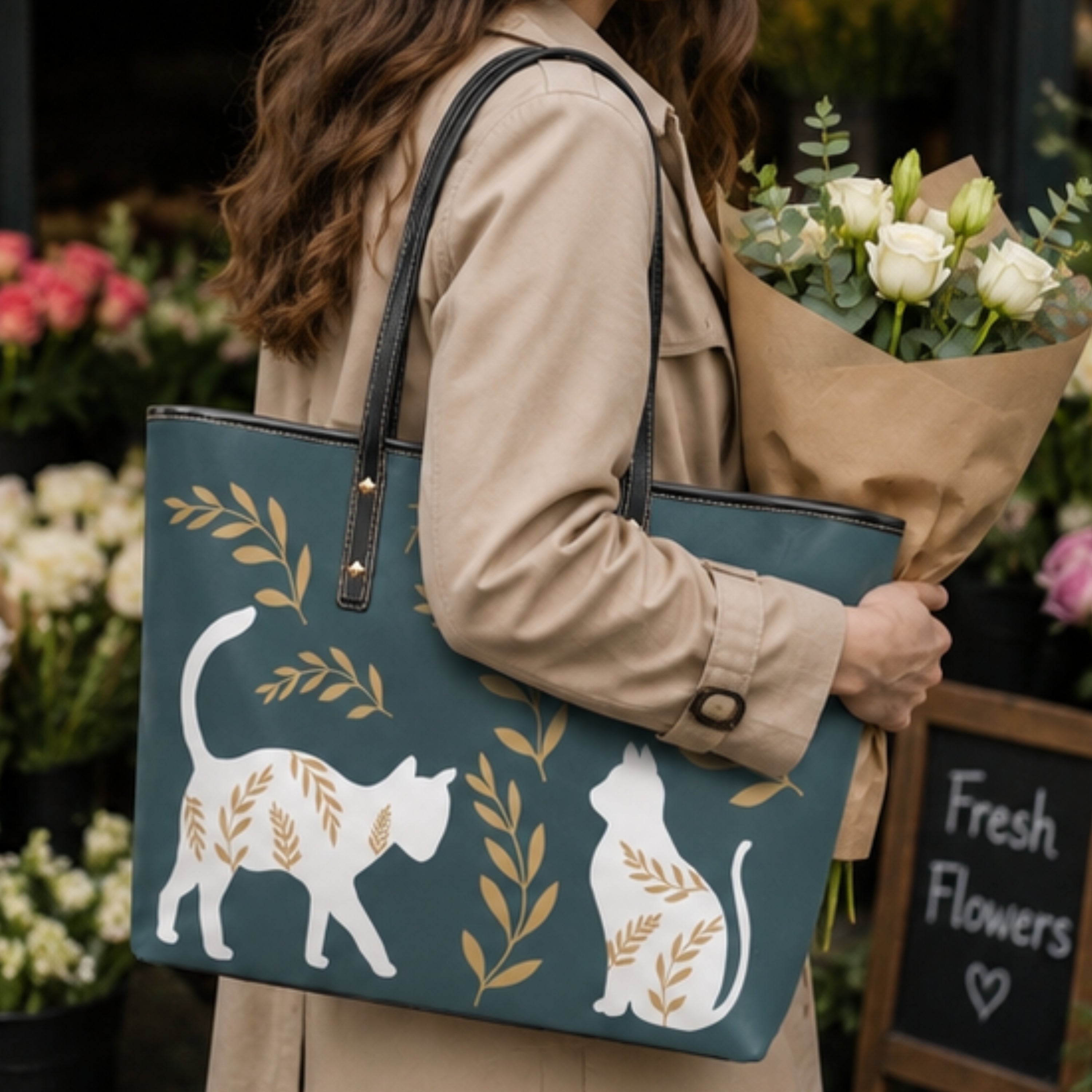 A woman in a beige trench coat carries a teal tote bag with white cat silhouettes and gold botanical leaf patterns, holding a bouquet of white flowers in a flower shop setting.