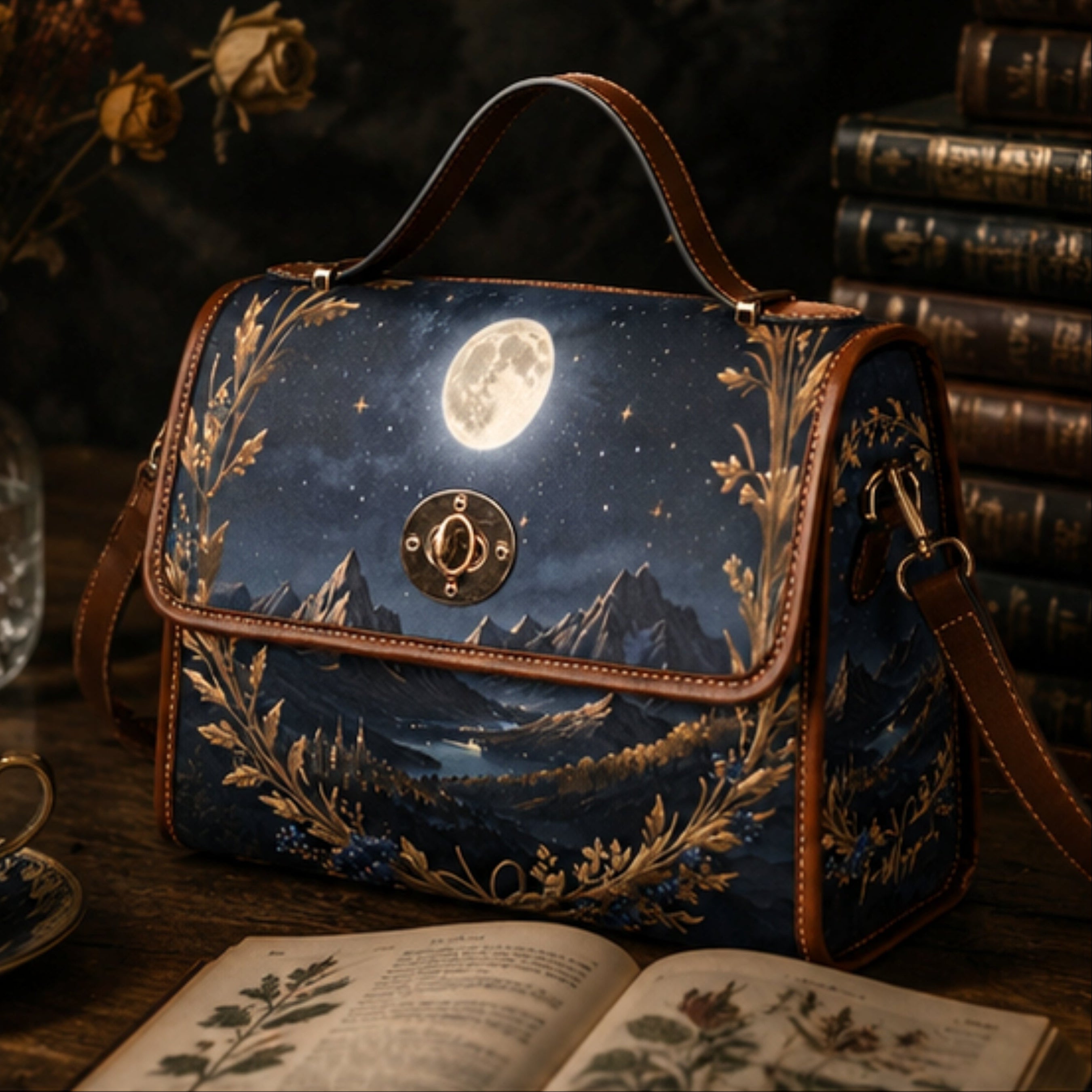 Blue embroidered bag with mountain and moon design on a table with books and teacup.