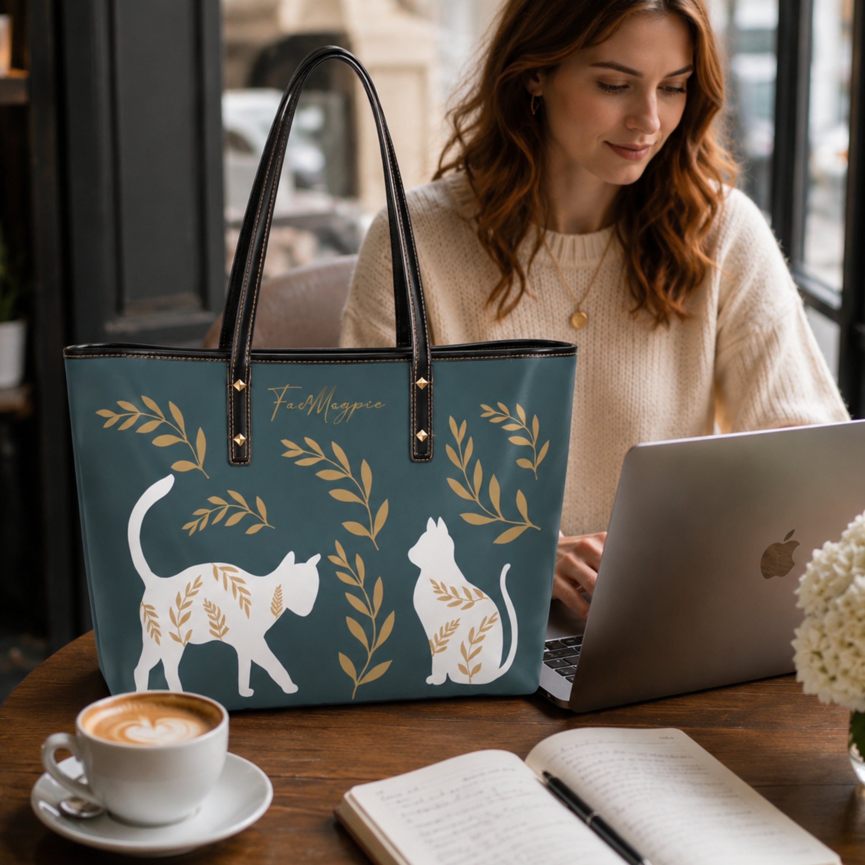 A woman sits at a wooden table using a laptop next to a teal tote bag with black handles and gold botanical motifs. The bag features white cat silhouettes with gold leaf patterns inside them.