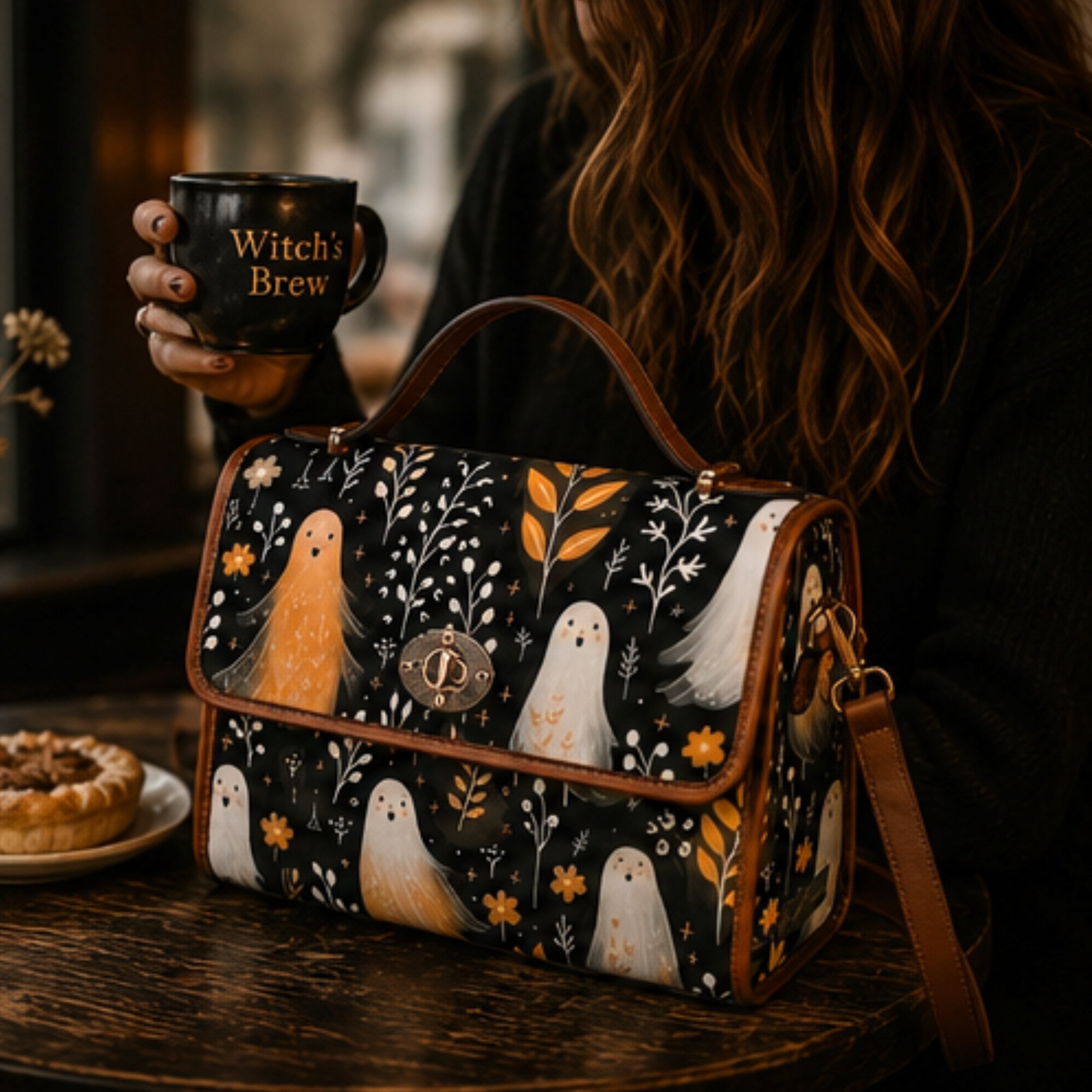 A witch-themed tote bag with a black background and a pattern of orange and white ghosts, white mushrooms, and small orange flowers, styled on a rustic wooden table next to a person holding a black mug that says 'Witch's Brew'.