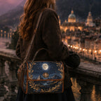 Person with a decorative bag featuring a night sky design, standing on a balcony overlooking a cityscape at dusk.