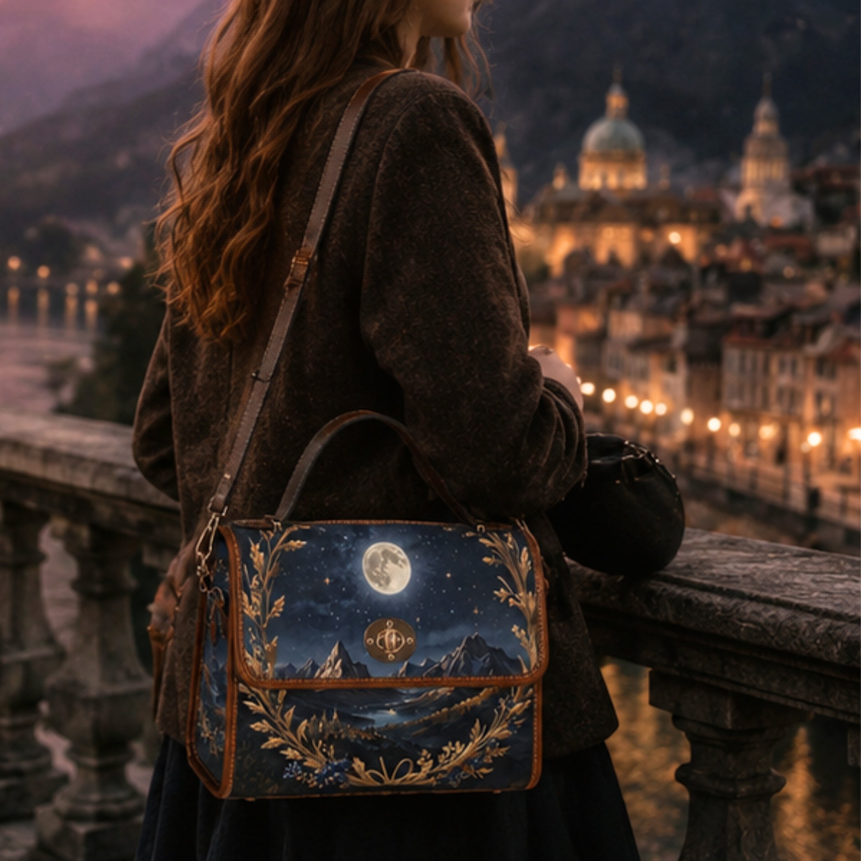 Person with a decorative bag featuring a night sky design, standing on a balcony overlooking a cityscape at dusk.