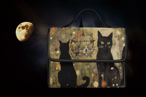 Fae & Magpie black cats satchel bag with leather strap and detailed cat illustrations, stylish accessory for everyday use
