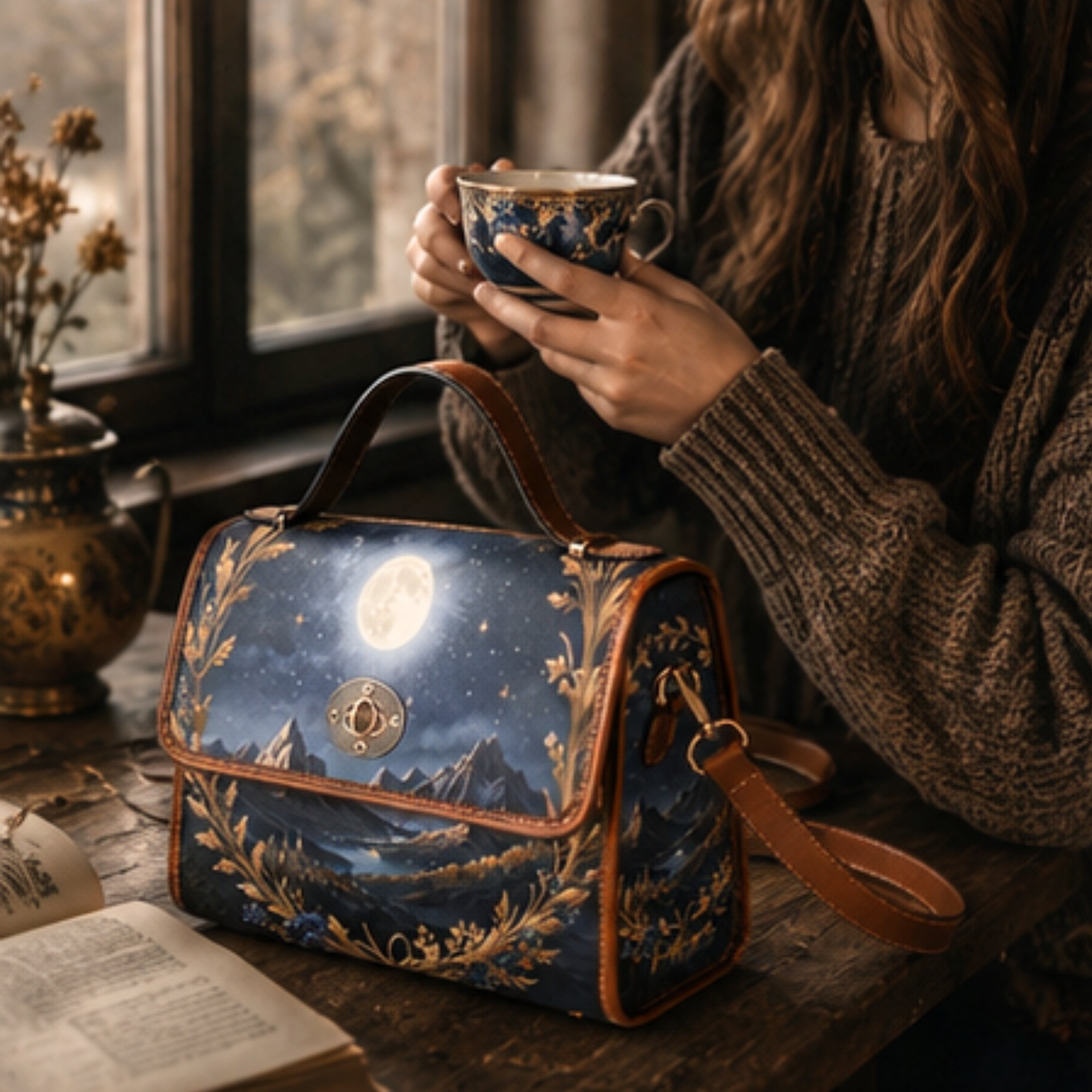Person holding a mug next to a decorative bag with a mountain design on a wooden surface.