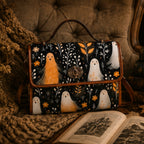 A structured handbag with a dark navy and black patterned fabric featuring whimsical orange and white ghosts, set on a cozy tufted sofa next to an open book and a chunky knit blanket.