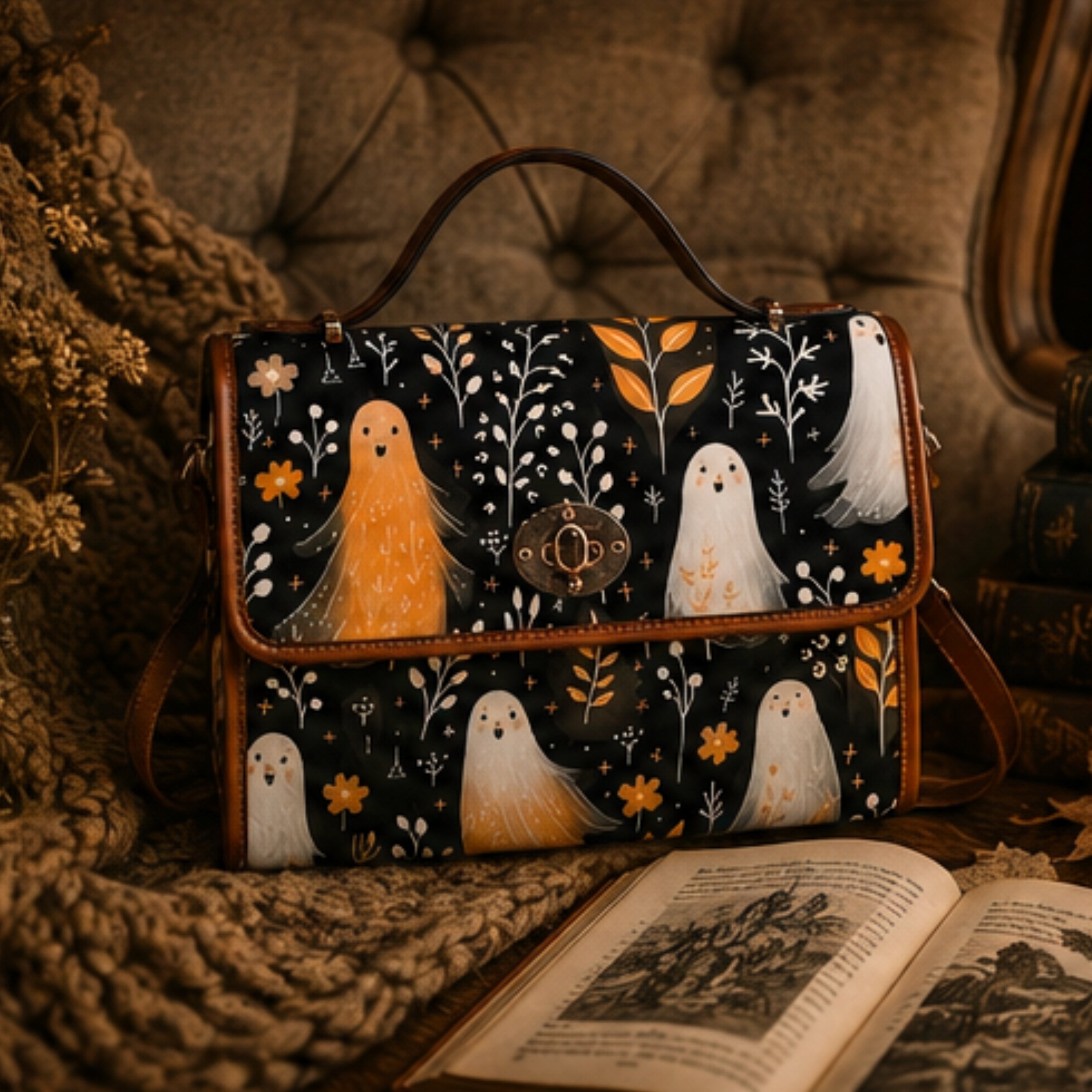 A structured handbag with a dark navy and black patterned fabric featuring whimsical orange and white ghosts, set on a cozy tufted sofa next to an open book and a chunky knit blanket.