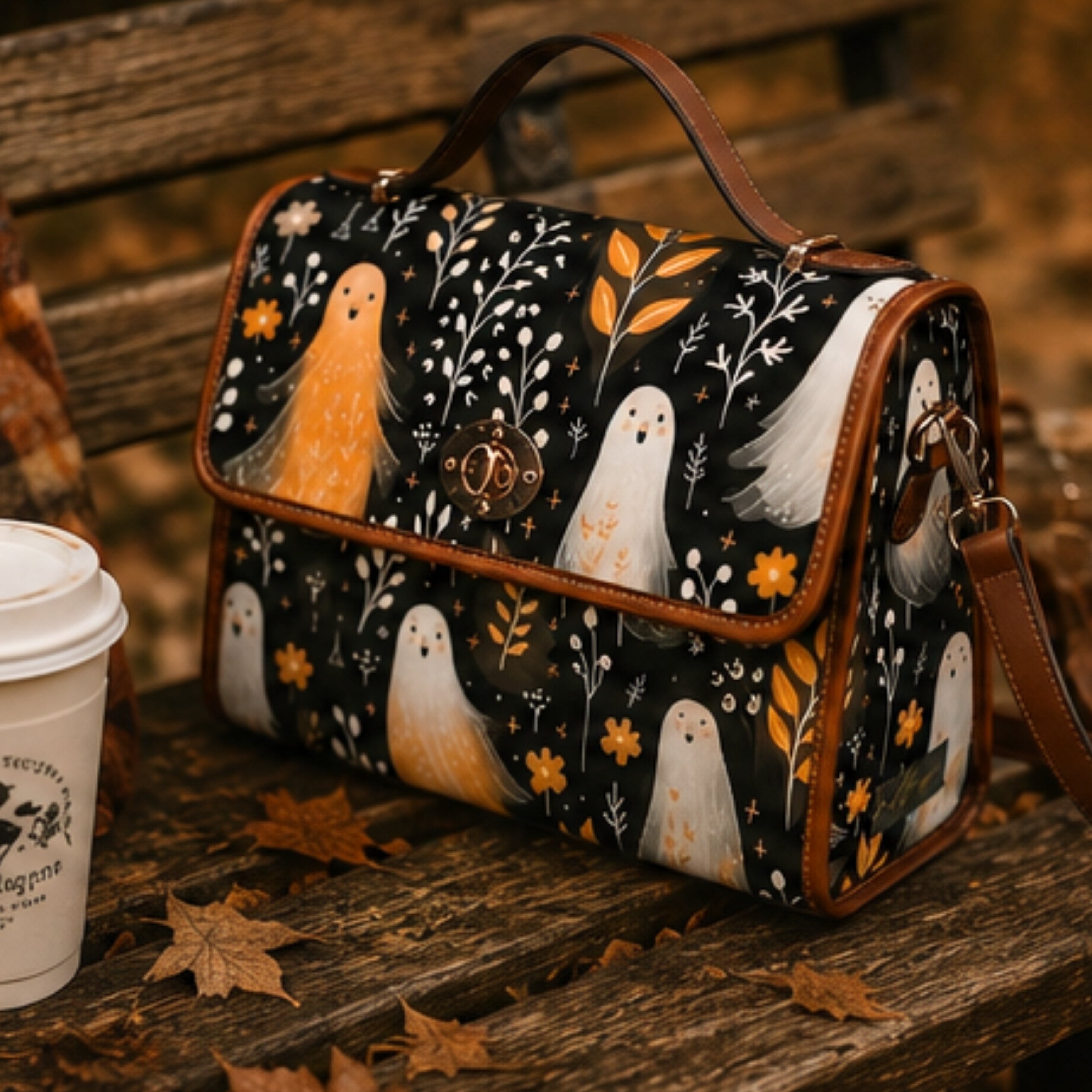 A rectangular handbag with a black background and a whimsical ghost and floral print, styled on a rustic wooden bench next to a takeaway coffee cup.