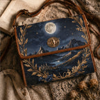 Handbag with a night sky design featuring mountains and a moon, placed on a textured surface.