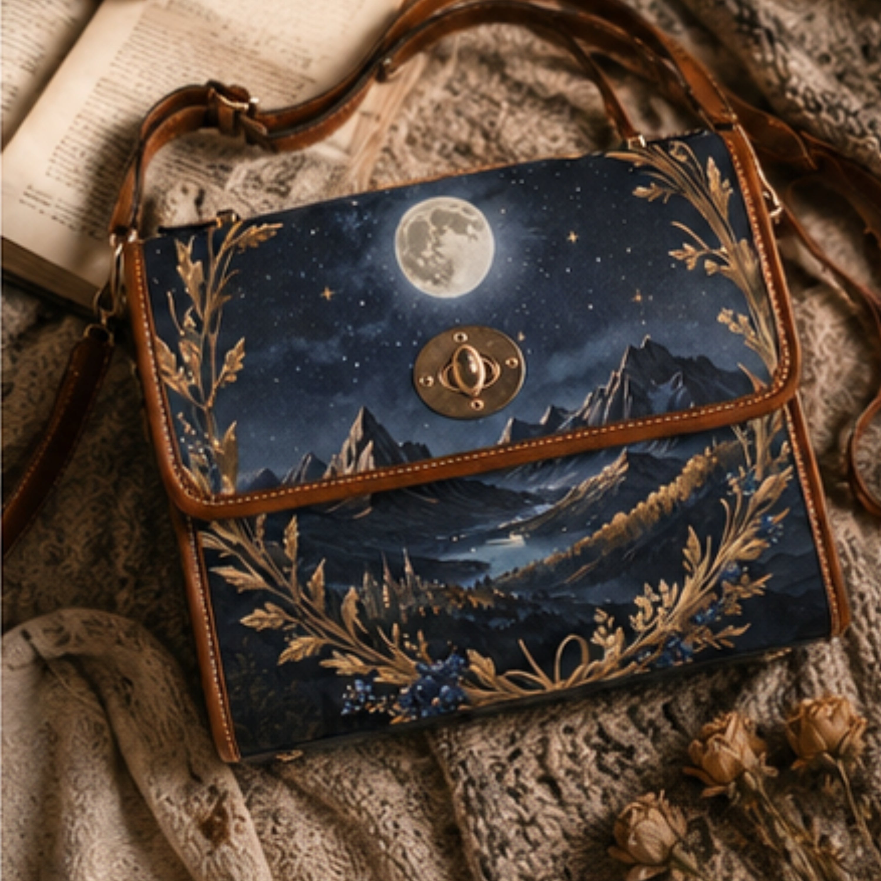 Handbag with a night sky design featuring mountains and a moon, placed on a textured surface.