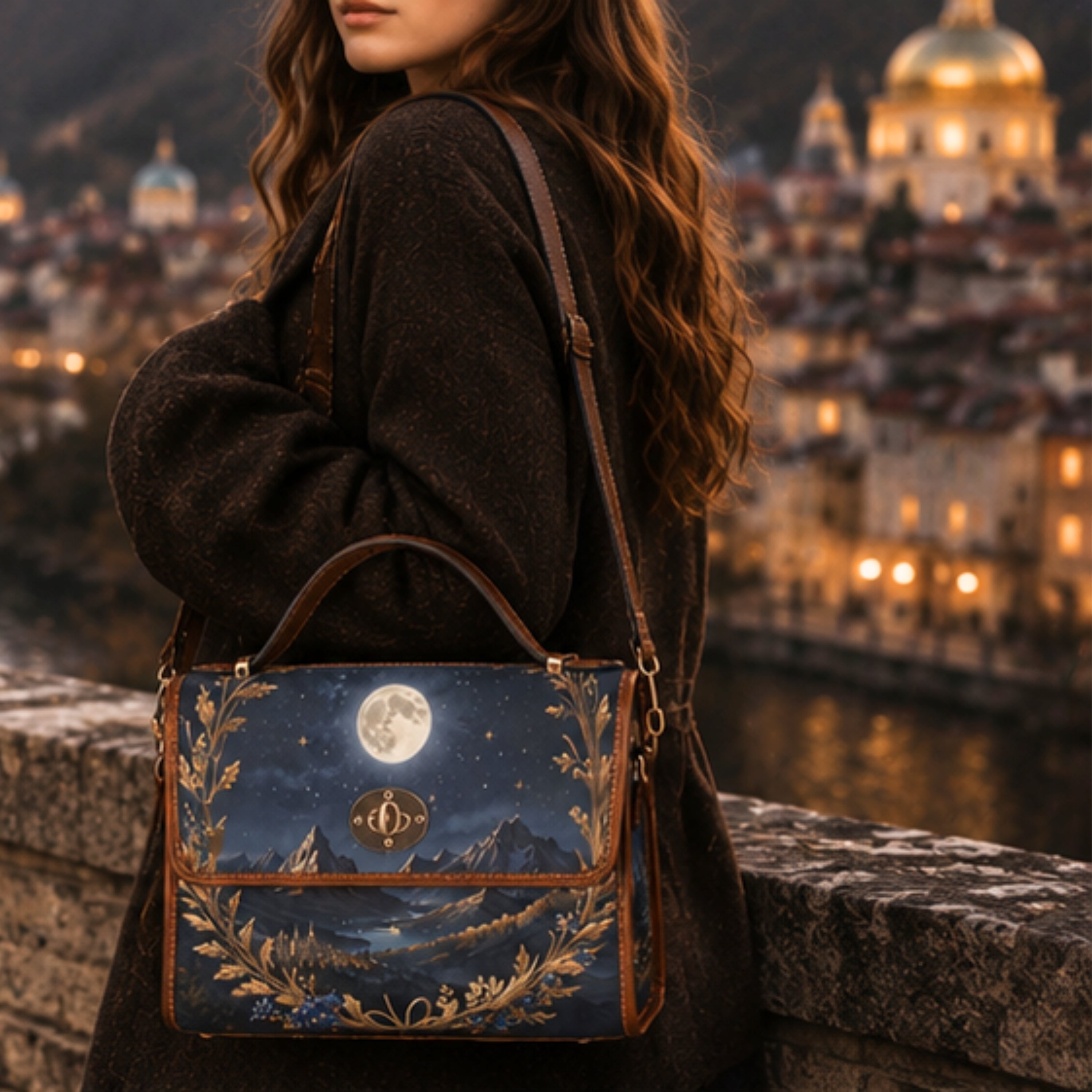 Woman holding a decorative bag with a night scene design, standing against a cityscape backdrop.