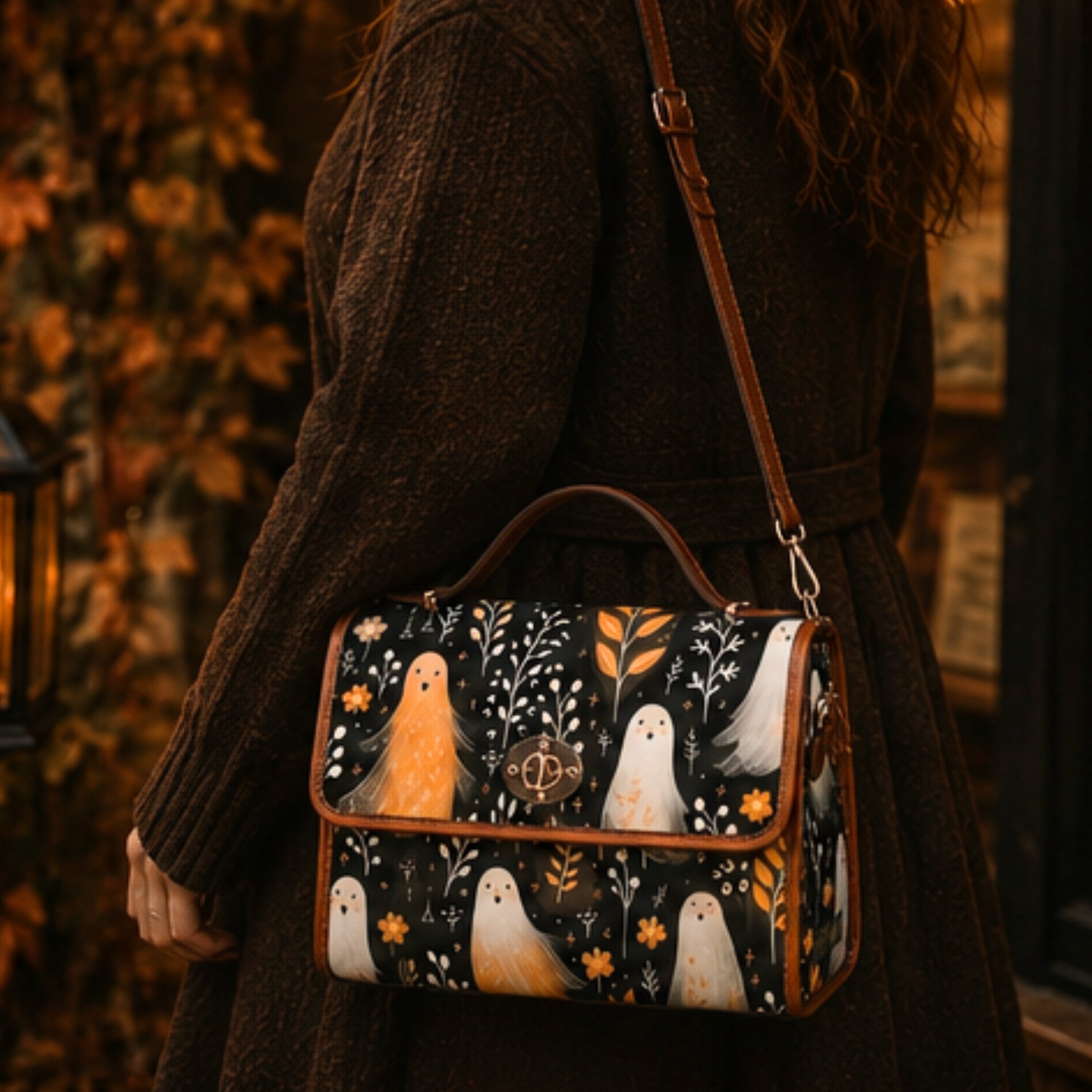 A person wearing a dark brown knit sweater carries a small rectangular handbag with a brown leather strap and trim. The bag has a black background printed with white ghosts, orange birds, and delicate floral motifs.