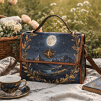 Handbag with nature-themed design featuring mountains and a moon, placed outdoors with flowers and a teacup.