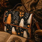 A dark patterned handbag with brown leather trim, featuring a whimsical print of white and orange ghosts, white flowers, and gold leaves. The bag is styled on a rustic wooden table next to an open book and a mug of coffee, with a cozy brown blanket in the background.