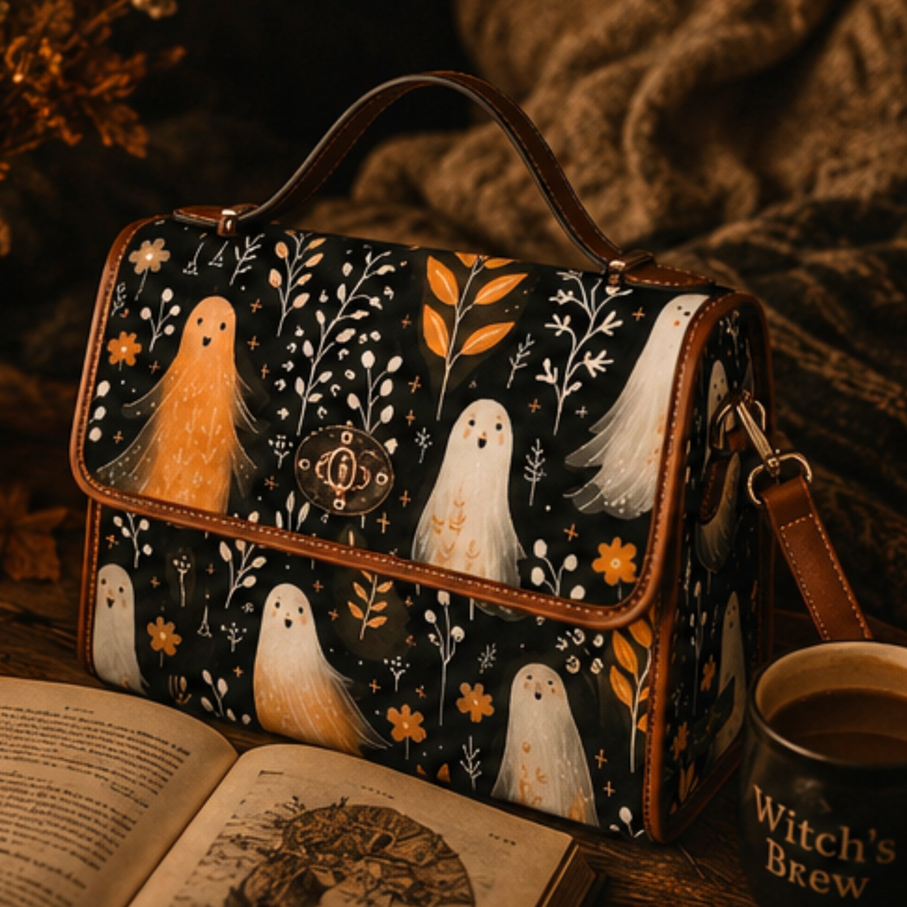 A dark patterned handbag with brown leather trim, featuring a whimsical print of white and orange ghosts, white flowers, and gold leaves. The bag is styled on a rustic wooden table next to an open book and a mug of coffee, with a cozy brown blanket in the background.