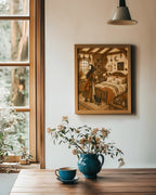A framed art print depicting a cozy, vintage-style bedroom scene with a witch-like figure and a black cat, hanging on a light wall above a wooden table with a blue vase of flowers and a blue teacup.