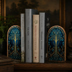 Decorative books with ornate tree designs on a wooden shelf.