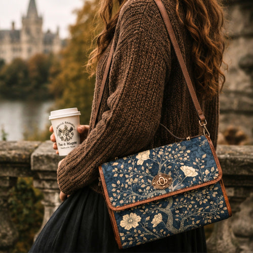 Person holding a floral-patterned handbag and a coffee cup outdoors.