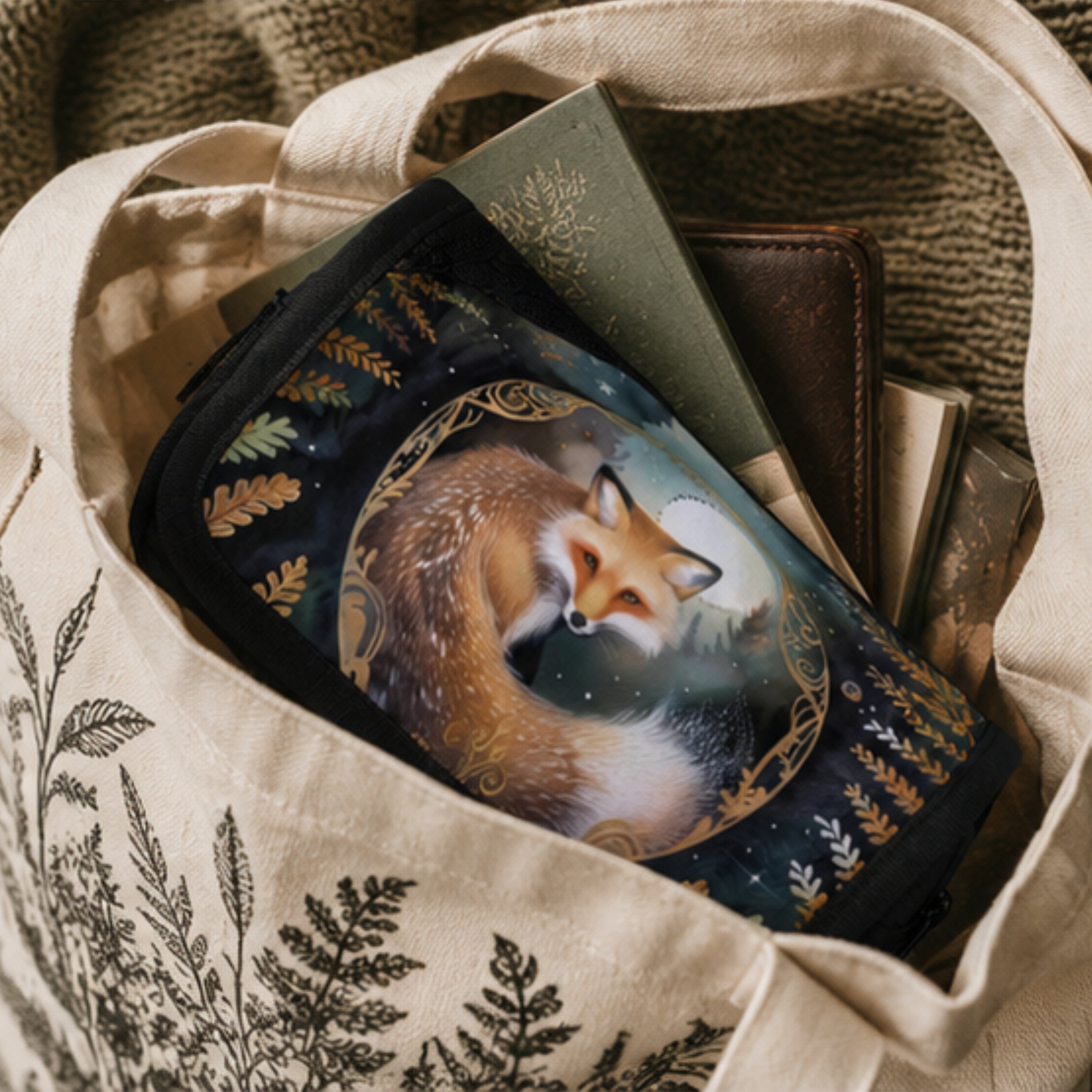 Tote bag with a fox-themed lunch box and books inside