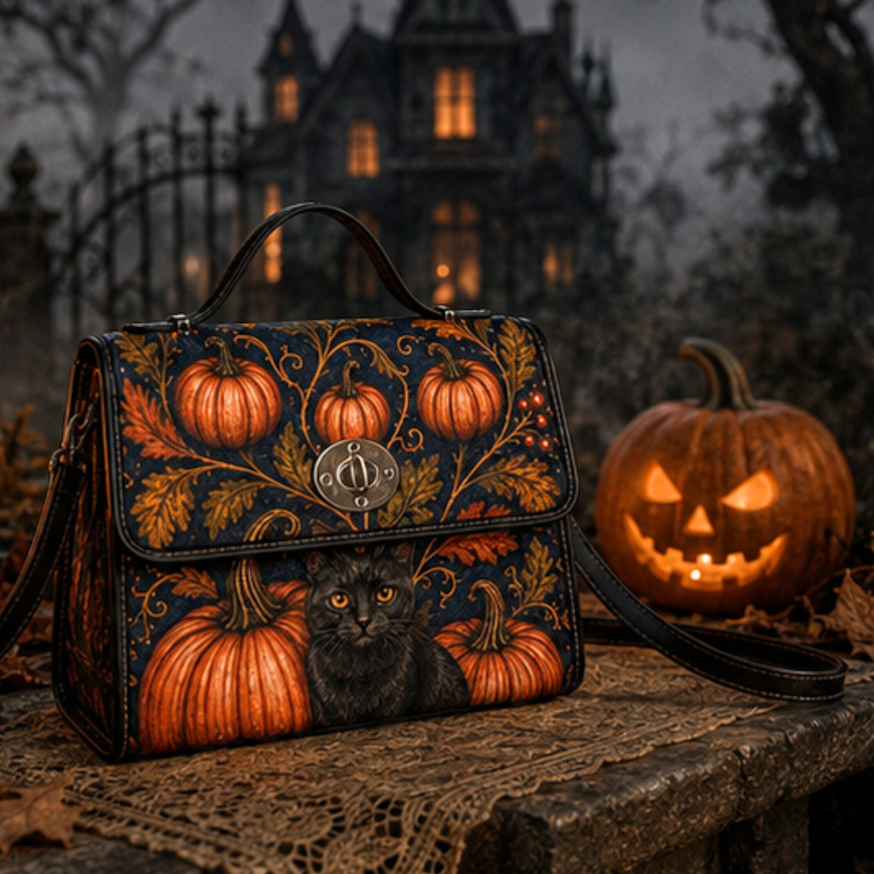 A Halloween-themed handbag with a dark navy background, orange pumpkins, black cat illustration, and a silver turn-lock clasp, displayed on a stone ledge next to a glowing jack-o'-lantern with a haunted house in the background.