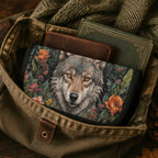 Floral-patterned pouch with a wolf design inside a leather bag