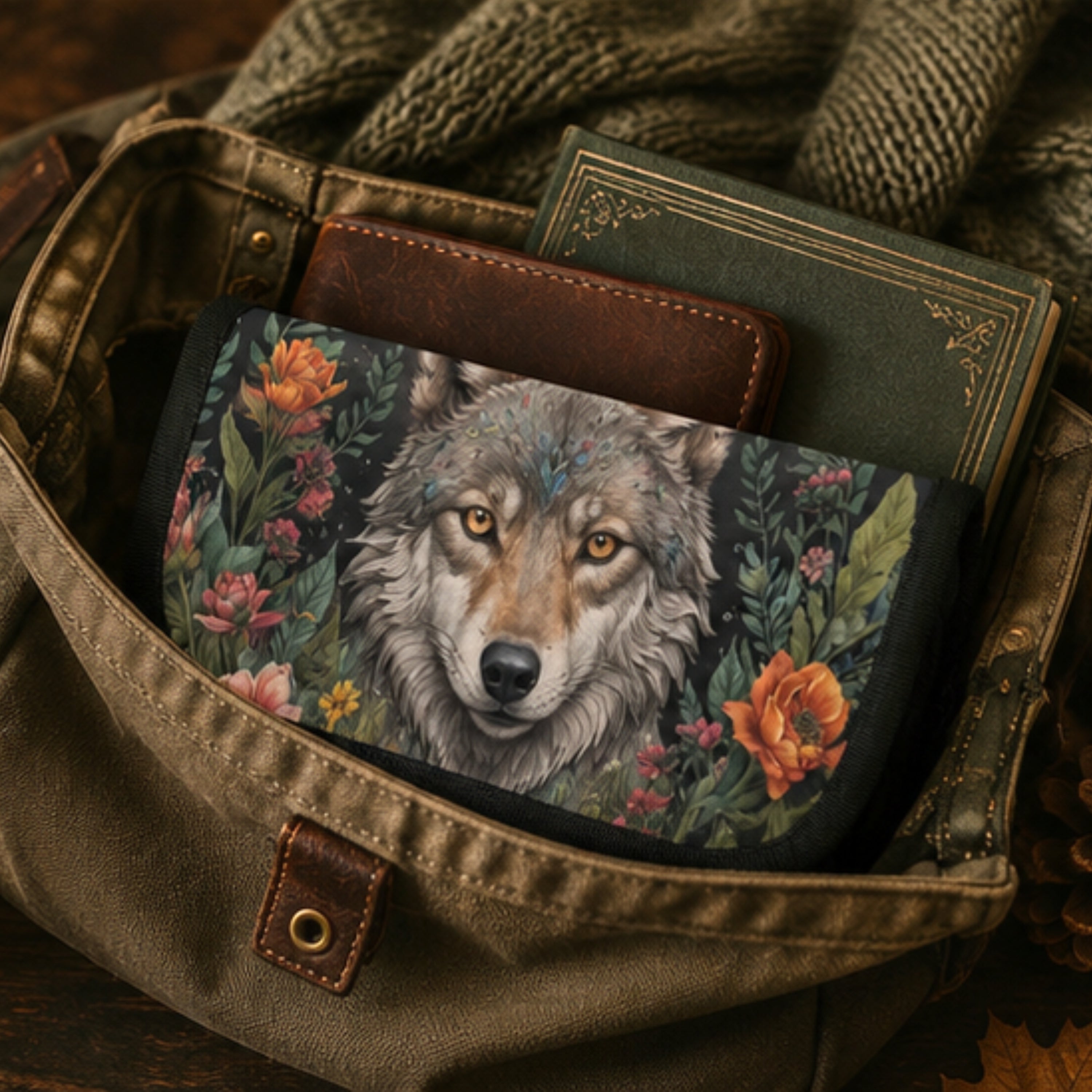 Floral-patterned pouch with a wolf design inside a leather bag