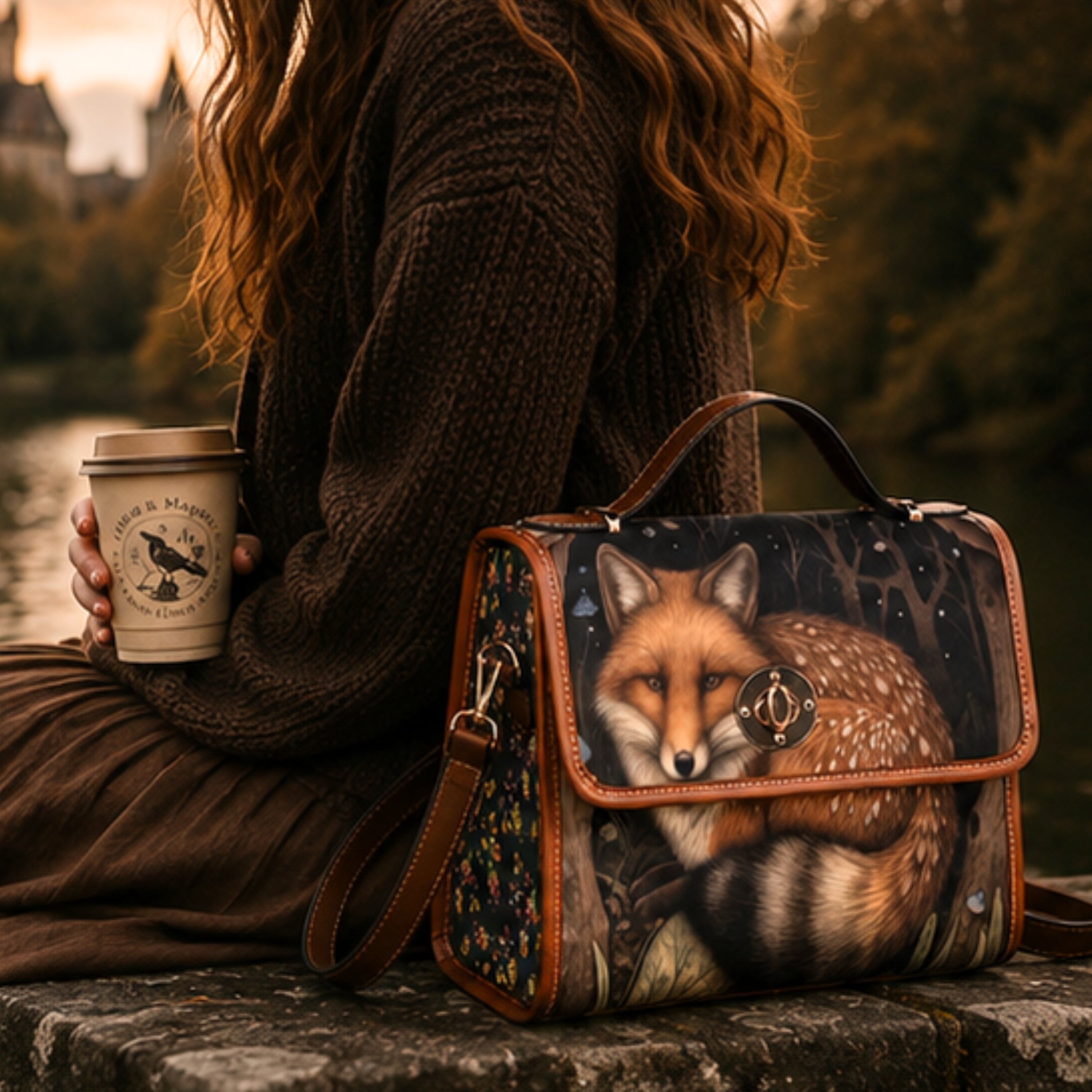 A person in a brown knit sweater sits outdoors by a body of water holding a coffee cup, with a decorative shoulder bag placed beside them. The bag has a large printed fox illustration on the front flap and floral patterned side panels, with brown trim and a top handle.