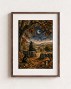 A framed art print featuring a witch sitting on a stone wall under a crescent moon, surrounded by autumn trees, a stone path, and mushrooms, displayed on a textured white wall.