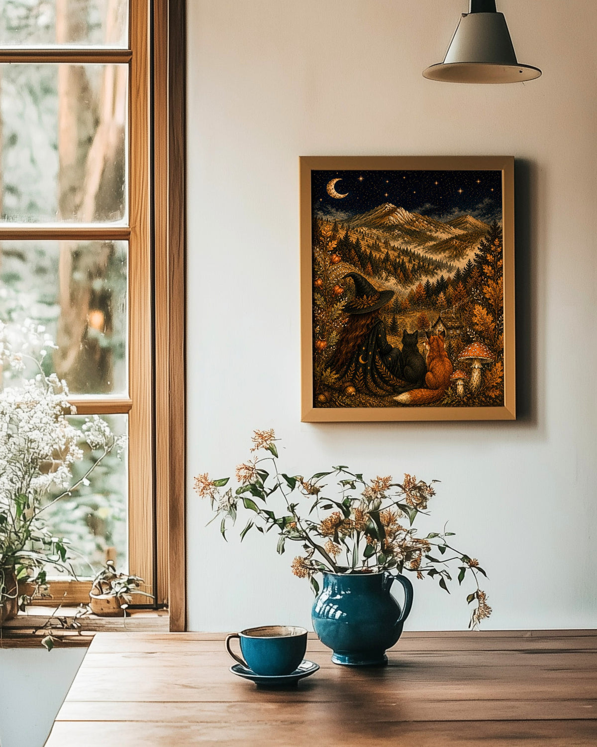 A framed fantasy art print depicting a witch with a broom in a forest of glowing mushrooms under a starry night sky, hanging on a white wall in a cozy room setting with a wooden table, blue teapot, and flowers.