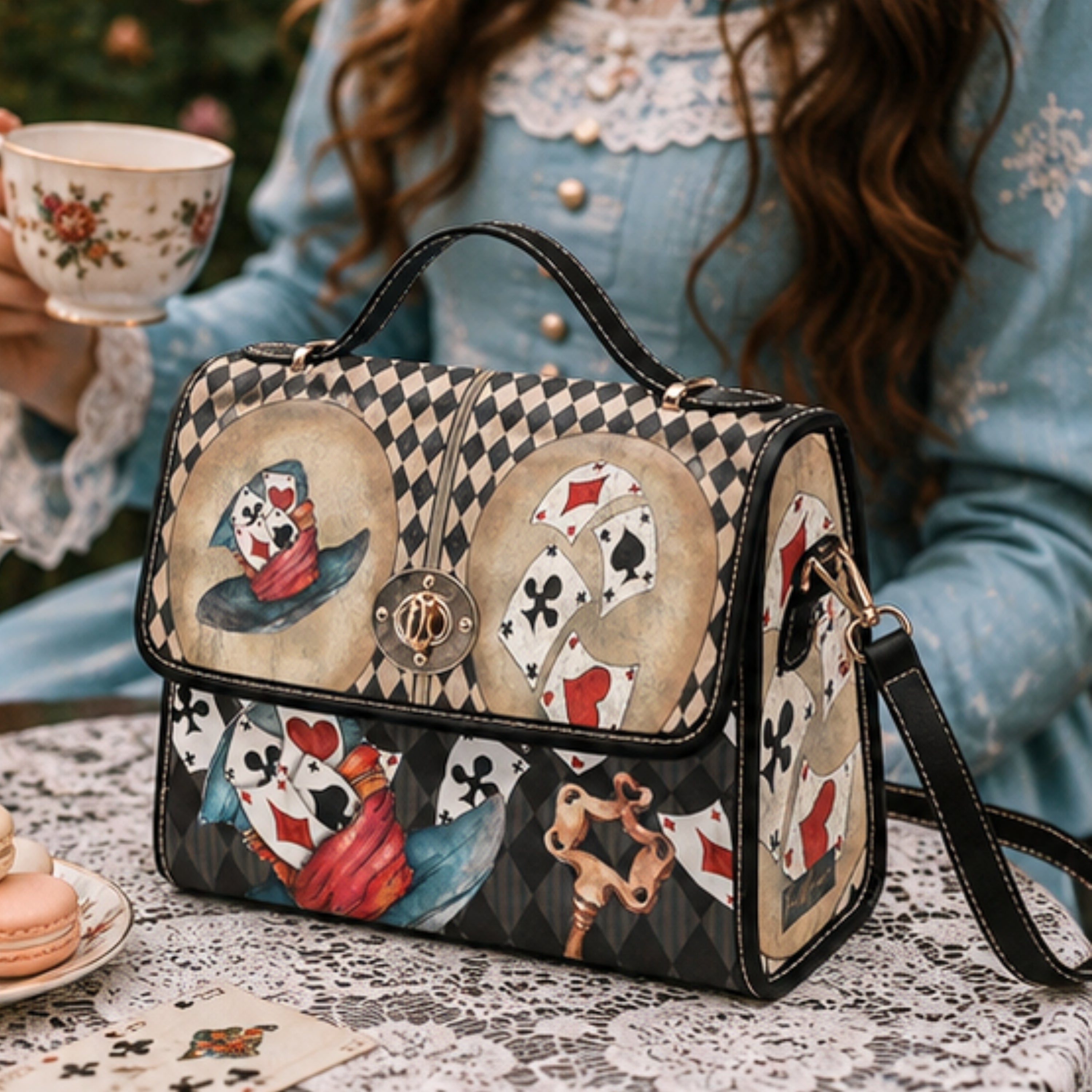 Handbag with playing card design on a table with tea and pastries
