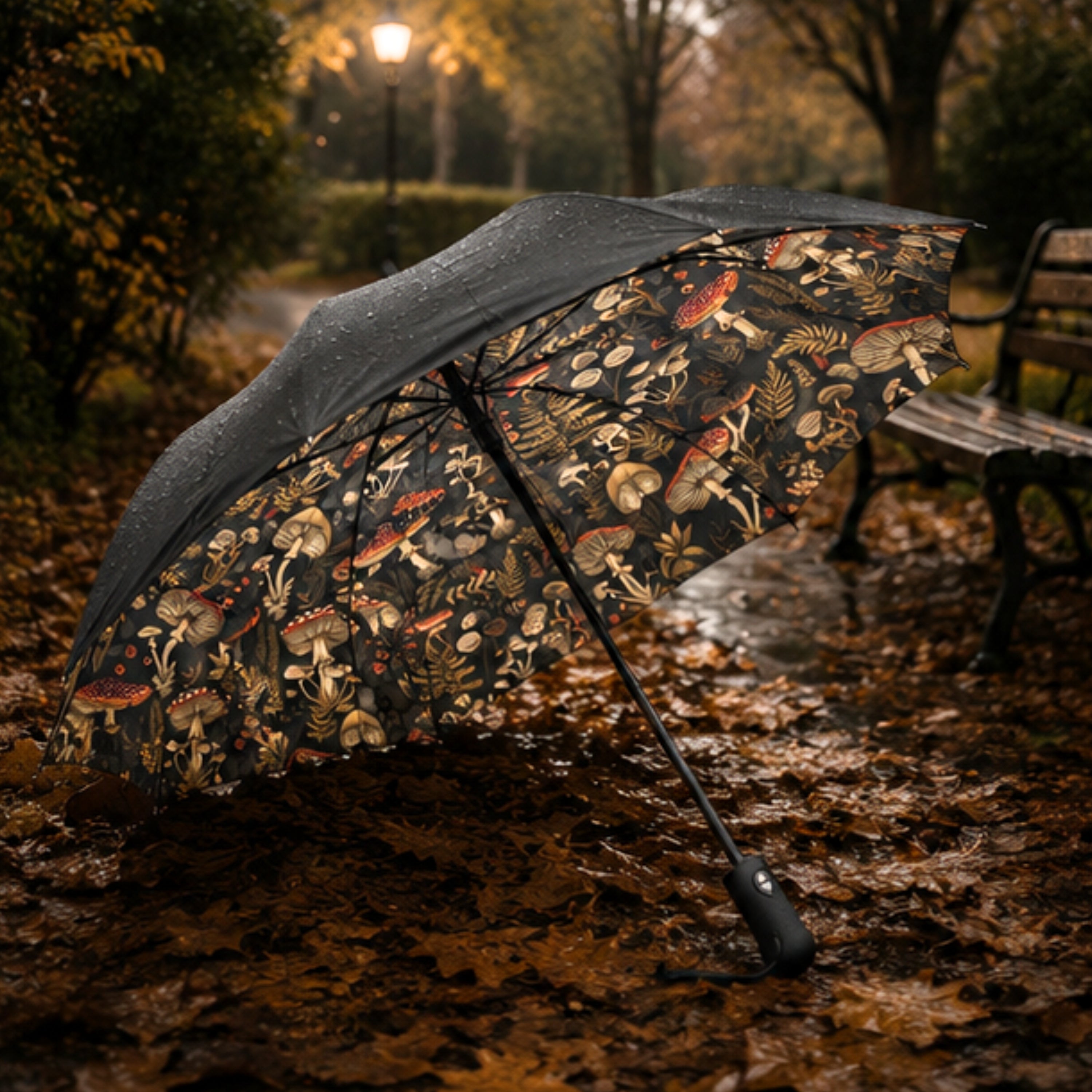 Decorative umbrella with mushroom pattern on a wet path in a park