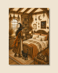 A vertical art print depicting a cozy, rustic bedroom scene with a witch in a pointed hat and orange cloak standing by a window next to a black cat. The room features a wooden bed, patterned bedding, shelves, and autumn-themed decor, all rendered in warm sepia and brown tones.