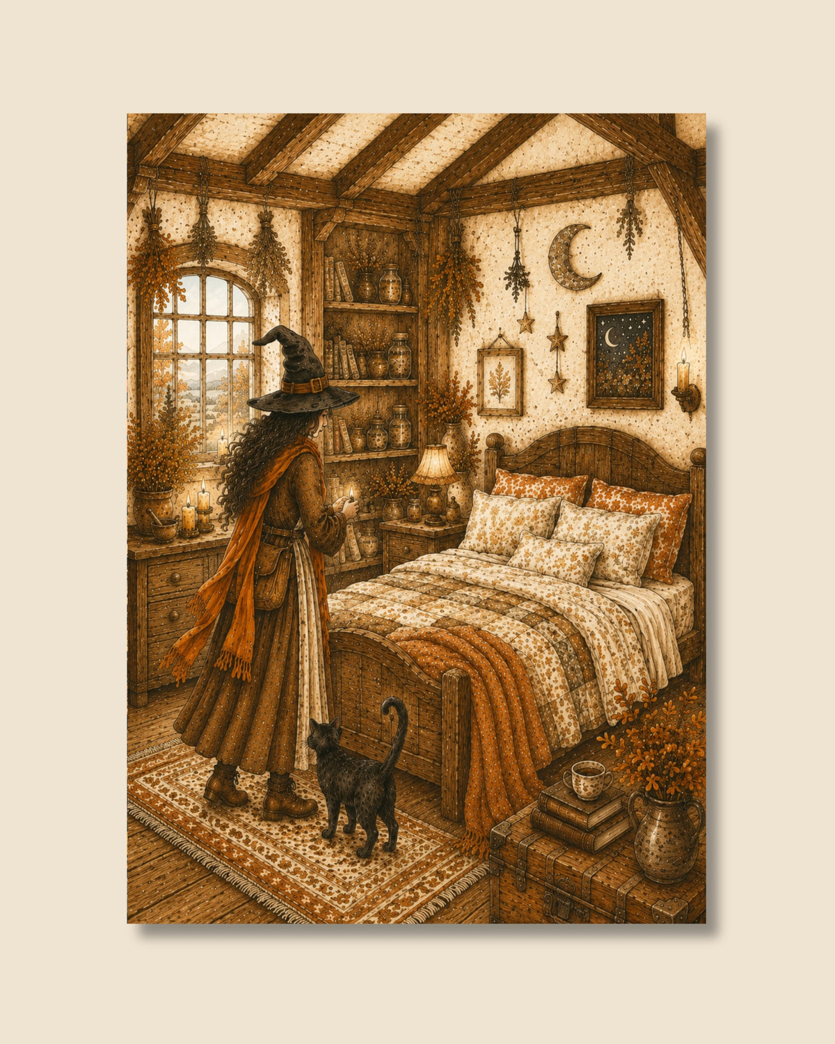 A vertical art print depicting a cozy, rustic bedroom scene with a witch in a pointed hat and orange cloak standing by a window next to a black cat. The room features a wooden bed, patterned bedding, shelves, and autumn-themed decor, all rendered in warm sepia and brown tones.
