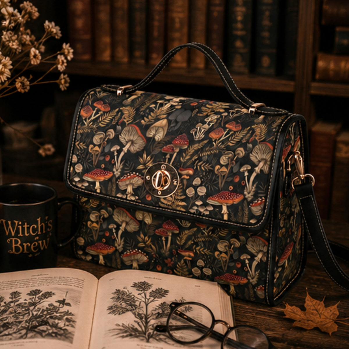 A black crossbody handbag with a detailed woodland mushroom print, styled on a wooden table next to an open book, glasses, a mug, and dried flowers in front of a bookshelf.