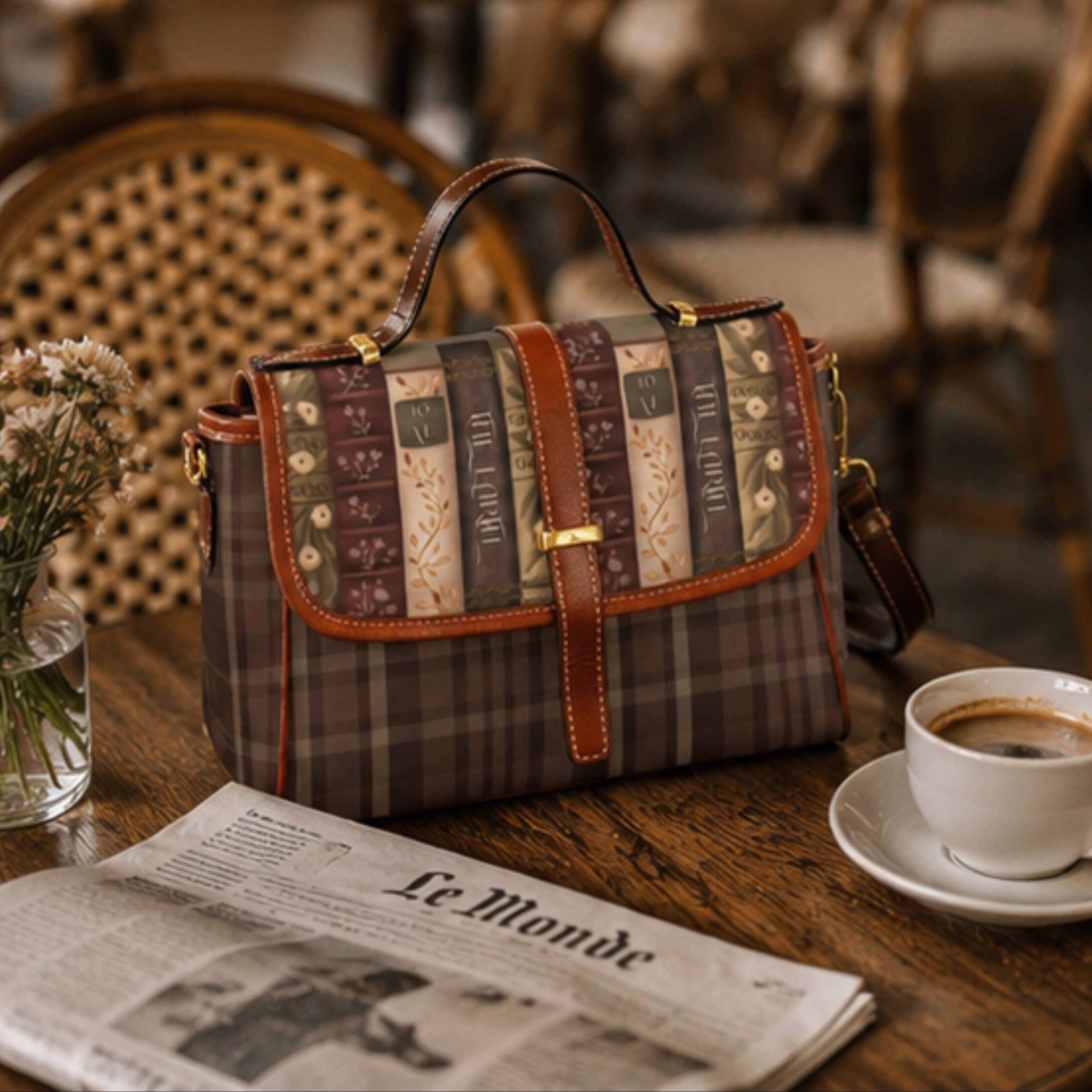 Patterned handbag on a table with a newspaper and coffee cup in a cozy setting