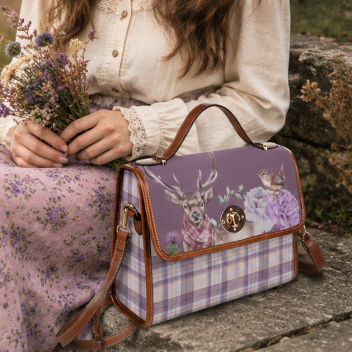 A purple and lavender plaid handbag with a deer and floral print on the front flap, styled on a stone surface next to a person wearing a cream blouse and a purple floral skirt.