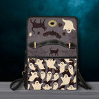 Fae & Magpie spooky satchel bag with Halloween-themed design, featuring a black and orange color scheme and sturdy handle straps.