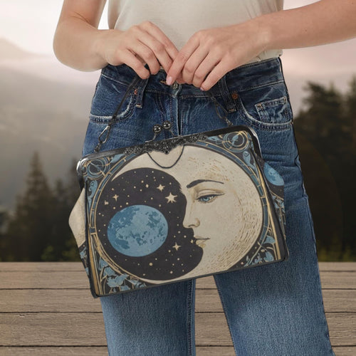 Fae & Magpie Blue Moon vintage handbag with leather strap, detailed stitching, and classic design on neutral background.