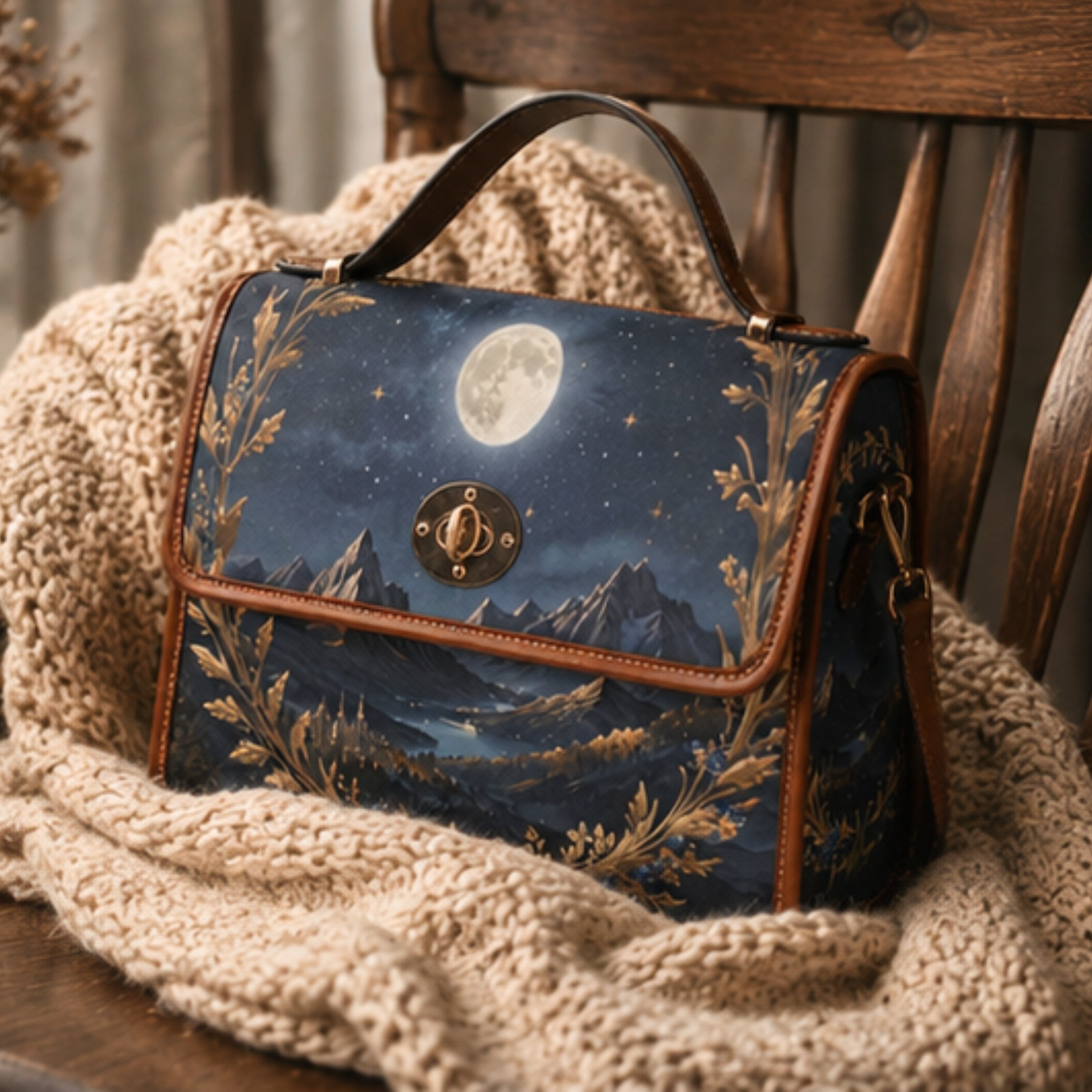 Handbag with moon and mountain design on a textured surface