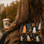 A person in a brown knit sweater sits outdoors holding a takeaway coffee cup and wearing a black shoulder bag with a whimsical ghost pattern. The bag features orange, white, and yellow ghosts on a dark background with brown leather trim.