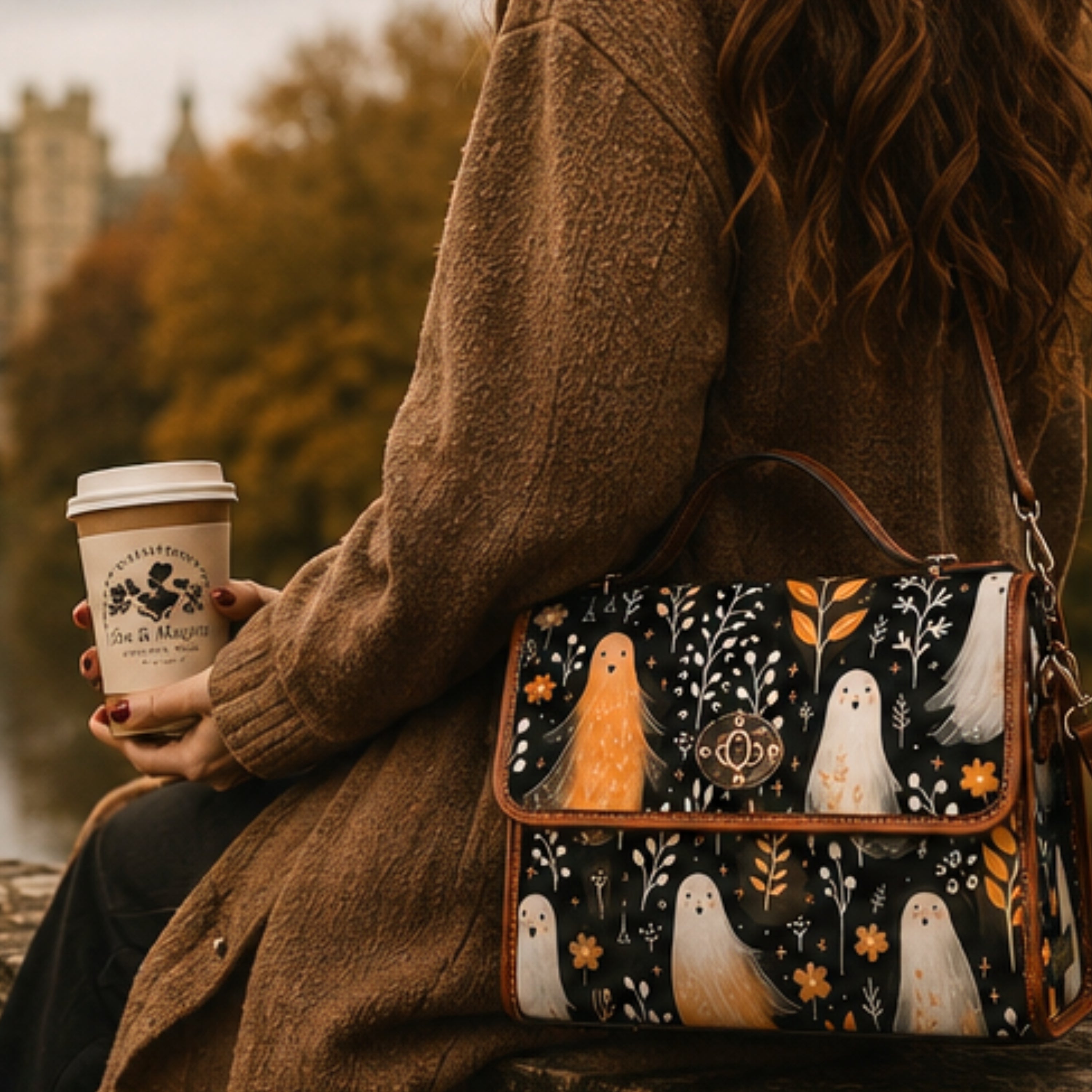 A person in a brown knit sweater sits outdoors holding a takeaway coffee cup and wearing a black shoulder bag with a whimsical ghost pattern. The bag features orange, white, and yellow ghosts on a dark background with brown leather trim.