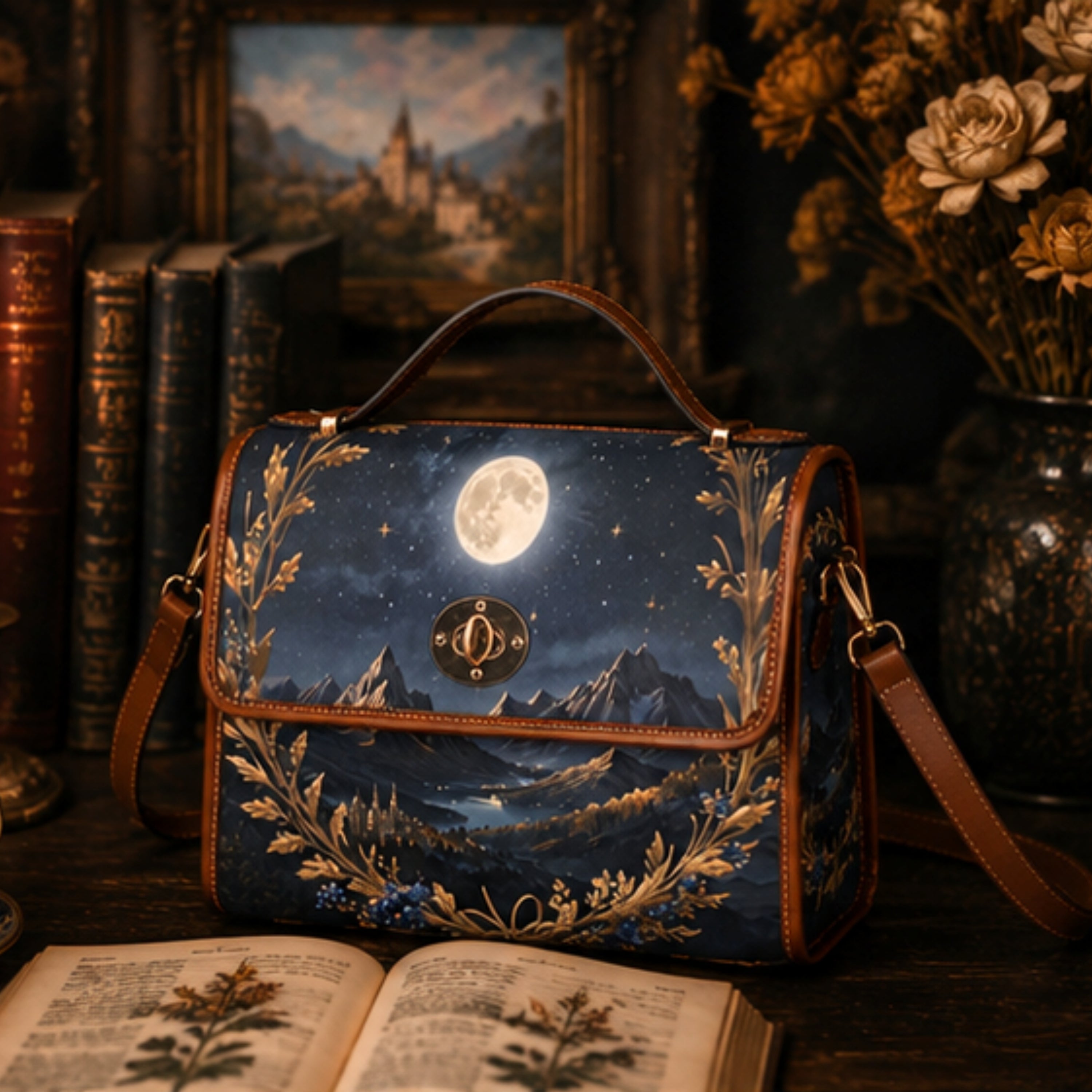 Handbag with night sky and mountain design on a wooden surface with books and flowers.