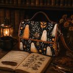 A dark tote bag with a whimsical pattern of white ghosts, orange ghosts, and autumn leaves, styled on a wooden table next to an open book, a lantern, and a mug.
