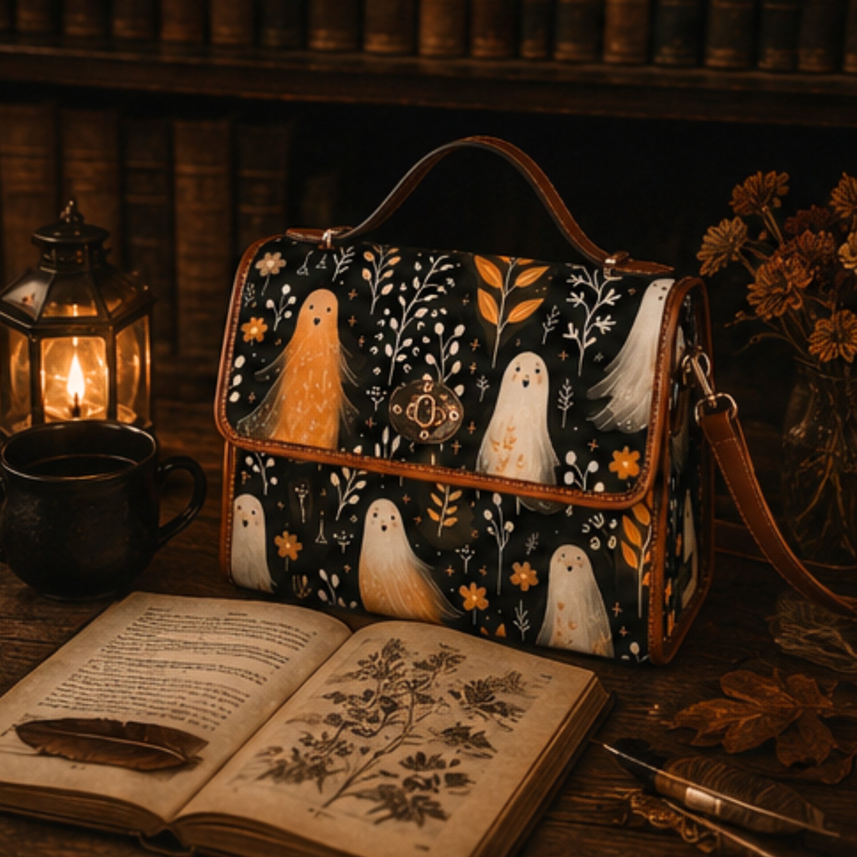 A dark tote bag with a whimsical pattern of white ghosts, orange ghosts, and autumn leaves, styled on a wooden table next to an open book, a lantern, and a mug.