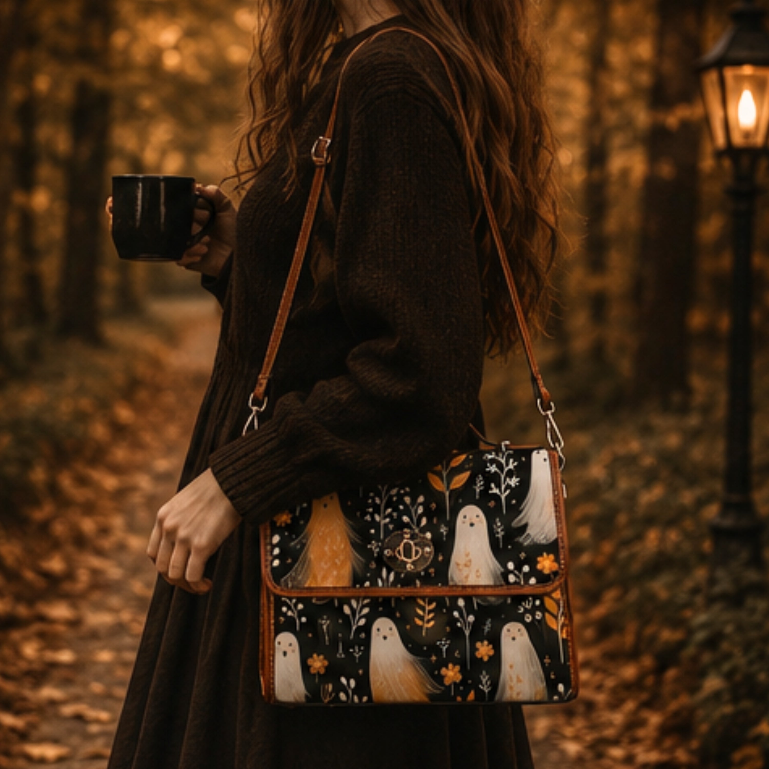 A woman in a dark brown knit sweater stands in a forest holding a black mug, carrying a black crossbody bag with a whimsical ghost and floral pattern and tan leather straps.